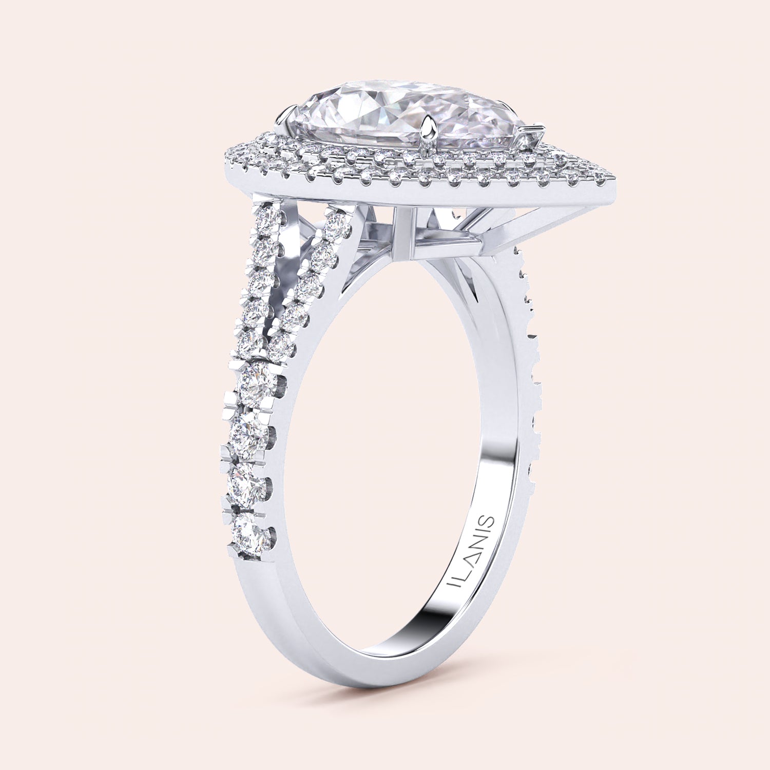 Elegant white gold engagement ring featuring a central cushion-cut diamond framed by a double row of micro-pave diamonds on the band, exuding sophistication. #14KRecycledWhiteGold #18KRecycledWhiteGold #Platinum