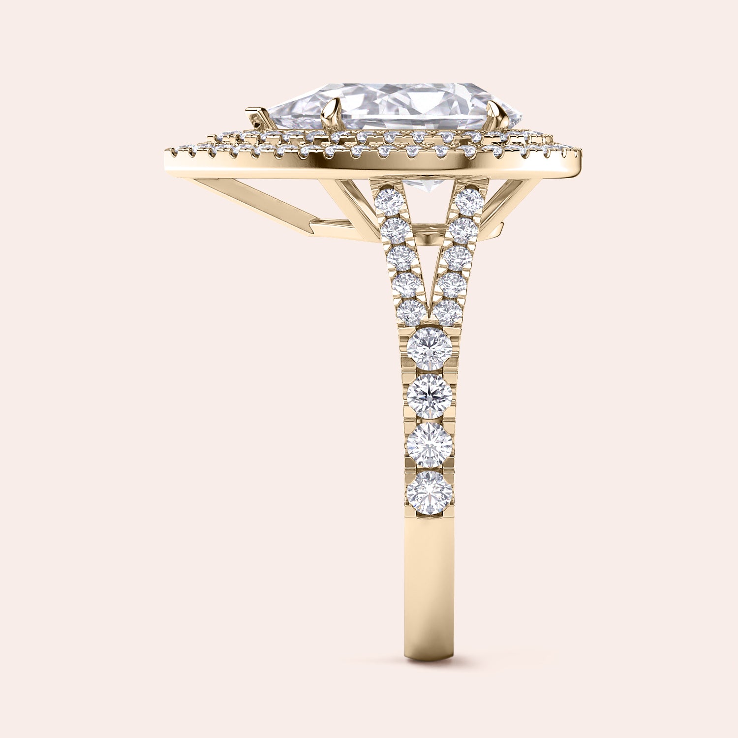 Sophisticated yellow gold engagement ring featuring a central cushion-cut diamond framed by a double row of micro-pave diamonds on the band, enhancing its luxurious appeal. #14KRecycledYellowGold #18KRecycledYellowGold