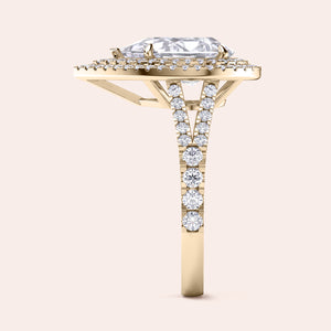 Sophisticated yellow gold engagement ring featuring a central cushion-cut diamond framed by a double row of micro-pave diamonds on the band, enhancing its luxurious appeal. #14KRecycledYellowGold #18KRecycledYellowGold