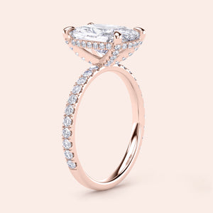 14K Rose Gold cushionPave set engagement ring with hidden halo and marquise-cut diamond, perfect for elegant proposals.