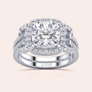 Exquisite 14K white gold cushion-cut halo engagement ring worn by a model, adorned with brilliant round diamonds.