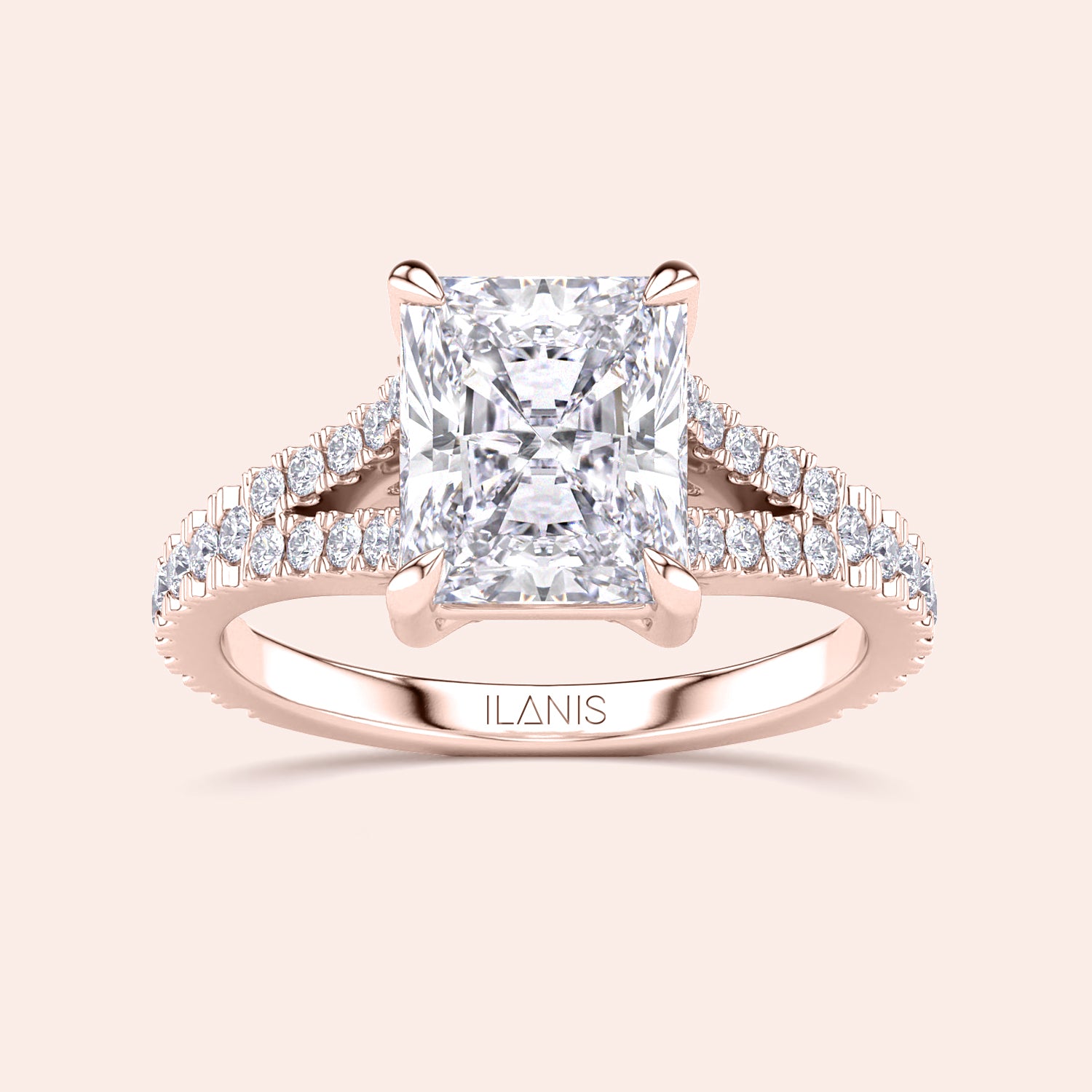 14K rose gold engagement ring with radiant-cut diamond, pave diamond band by Ilanis Jewelry, perfect for timeless elegance.|







#14KRecycledRoseGold
#18KRecycledRoseGold


