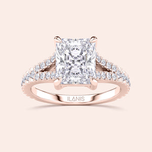 14K rose gold engagement ring with radiant-cut diamond, pave diamond band by Ilanis Jewelry, perfect for timeless elegance.