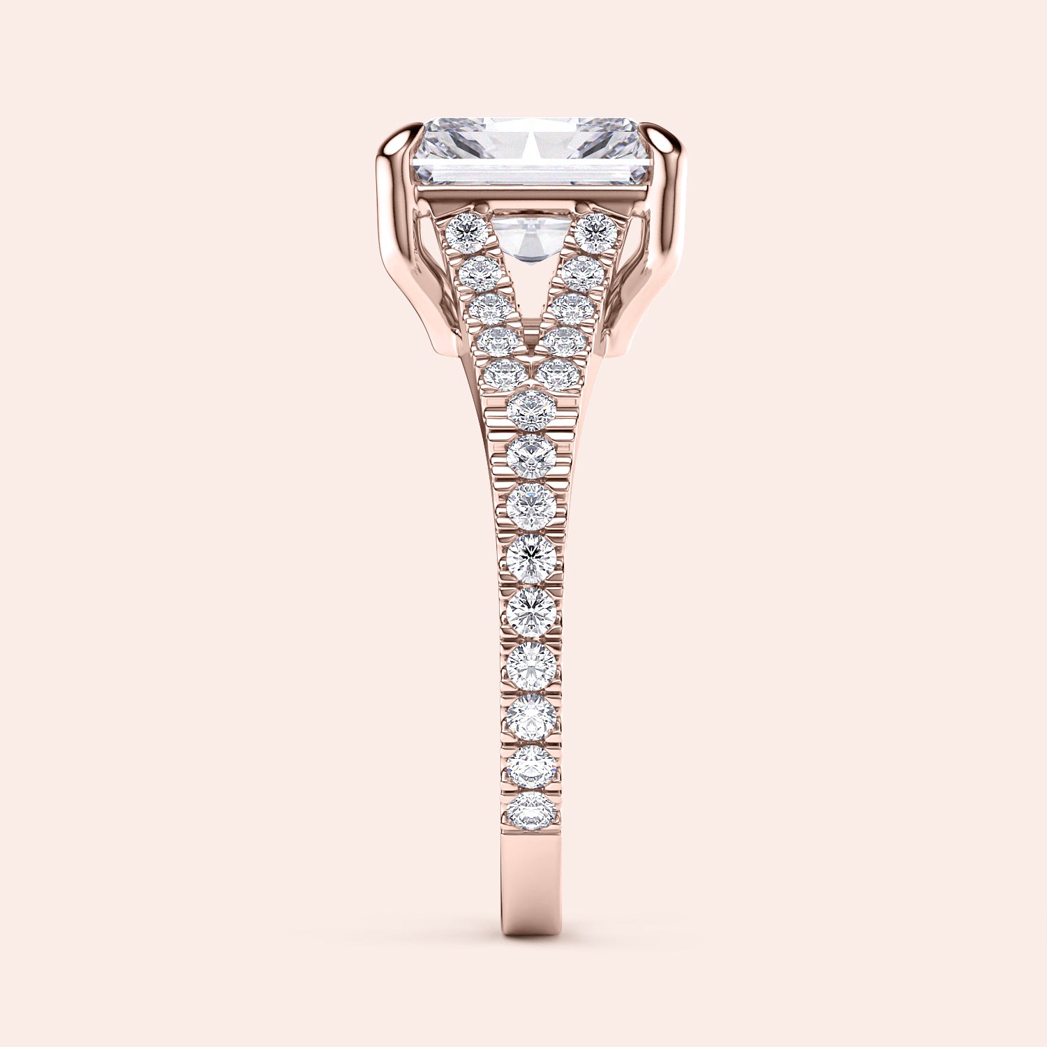 Side view of a rose gold engagement ring with an emerald-cut diamond andPave band. Available in 14K, 18K, or platinum.|







#14KRecycledRoseGold
#18KRecycledRoseGold


