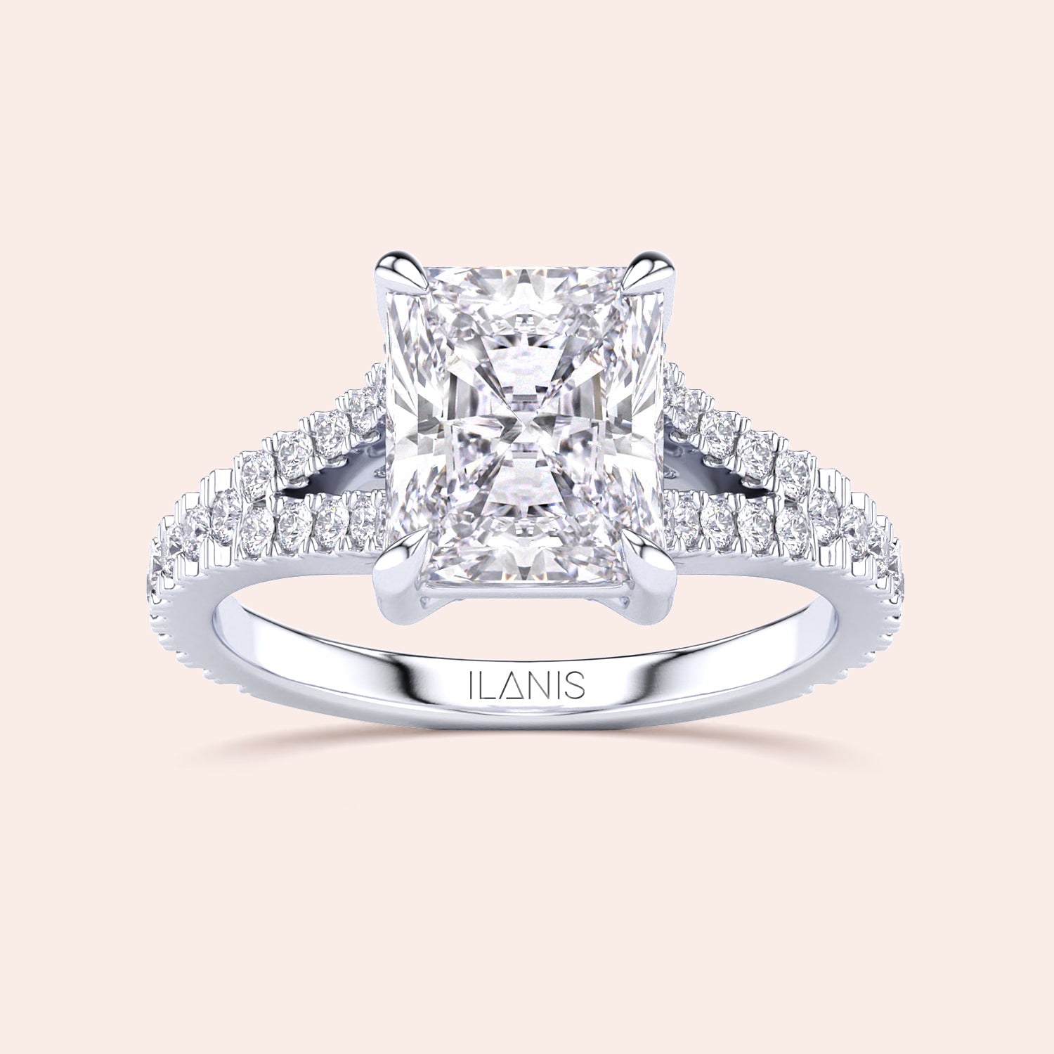 Radiant cut diamond engagement ring in 14K white gold, adorned with sparkling side stones. Perfect for your love story.|

#14KRecycledWhiteGold
#18KRecycledWhiteGold








#Platinum