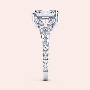 Elegant 14K/18K white gold engagement ring featuring a princess-cut diamond in a pave band, showcasing intricate side detailing.