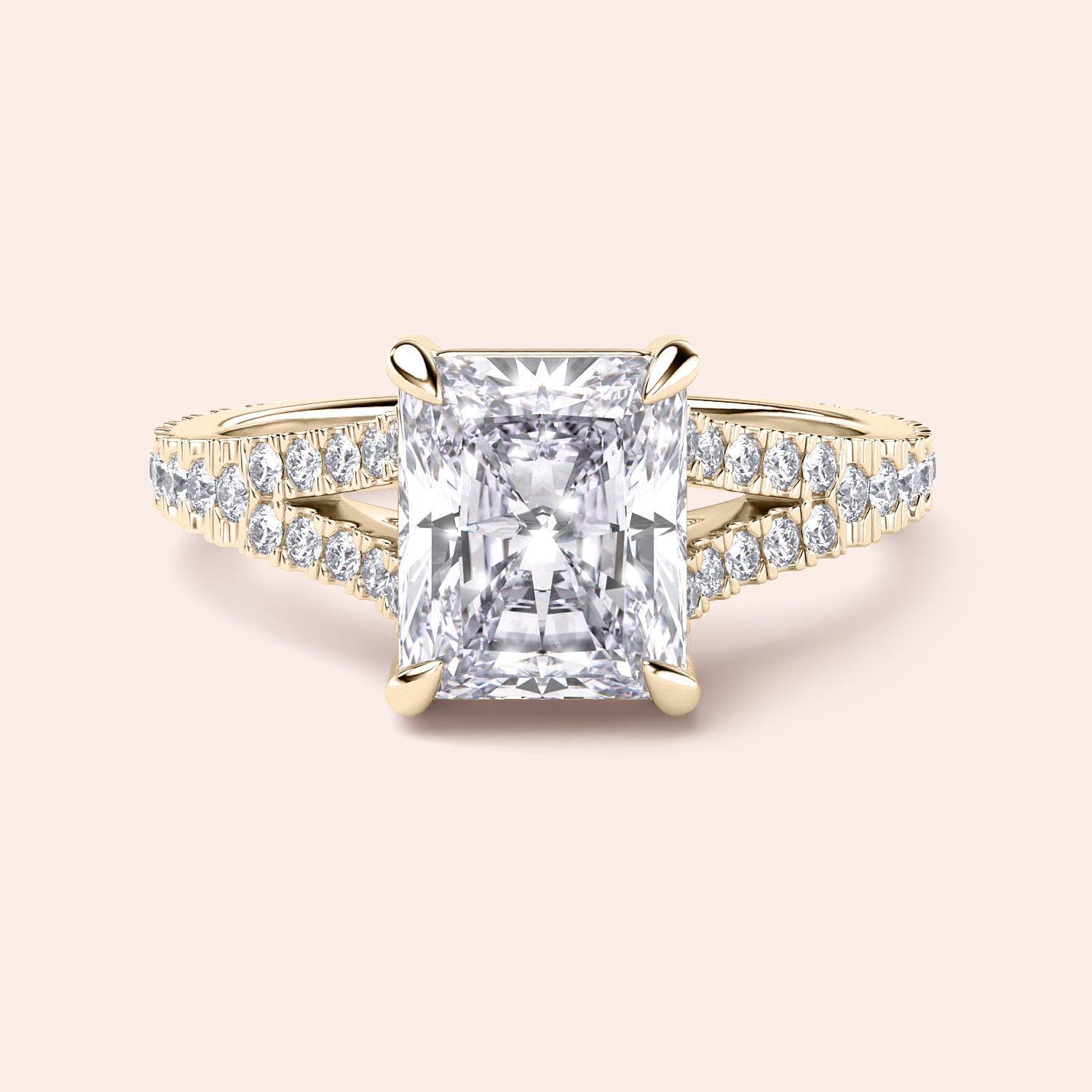 Radiant cut diamond engagement ring in 14K yellow gold with split-shank design and round diamond accents for a stunning look.|




#14KRecycledYellowGold
#18KRecycledYellowGold





