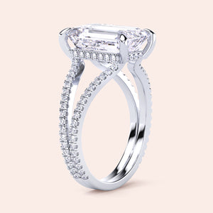 Elegant double-row emerald-cut diamond engagement ring in 14K or 18K gold or platinum, showcasing hidden halo design.