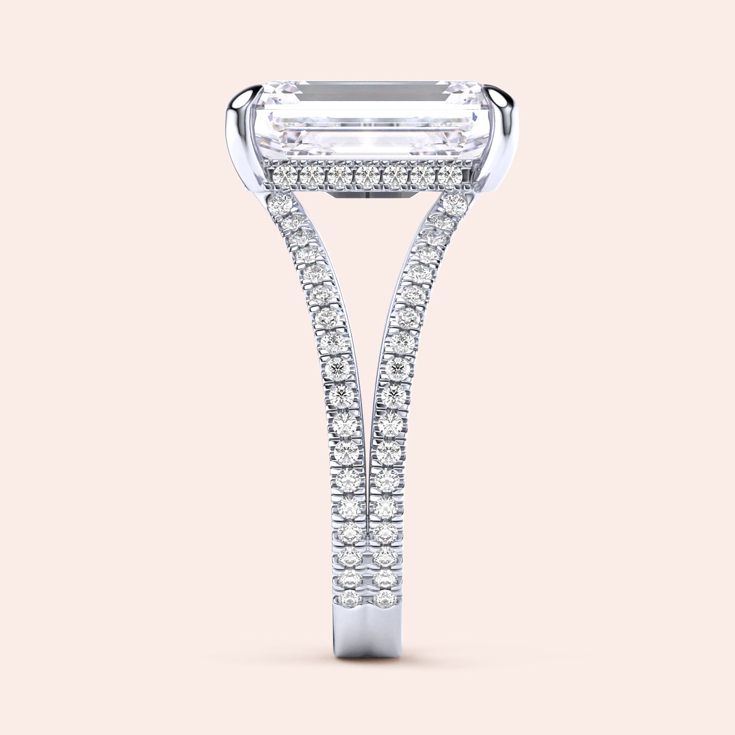 Elegant 14K white gold engagement ring featuring emerald-cut diamond with sparkling accent diamonds on a split shank design.|

#14KRecycledWhiteGold
#18KRecycledWhiteGold








#Platinum