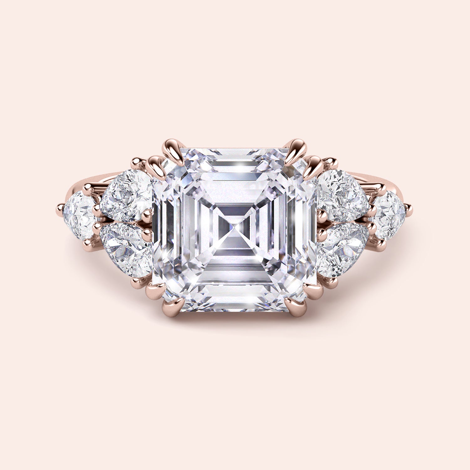 Exquisite 14K or 18K rose gold asscher-cut diamond engagement ring with side stones, not worn on model.|







#14KRecycledRoseGold
#18KRecycledRoseGold


