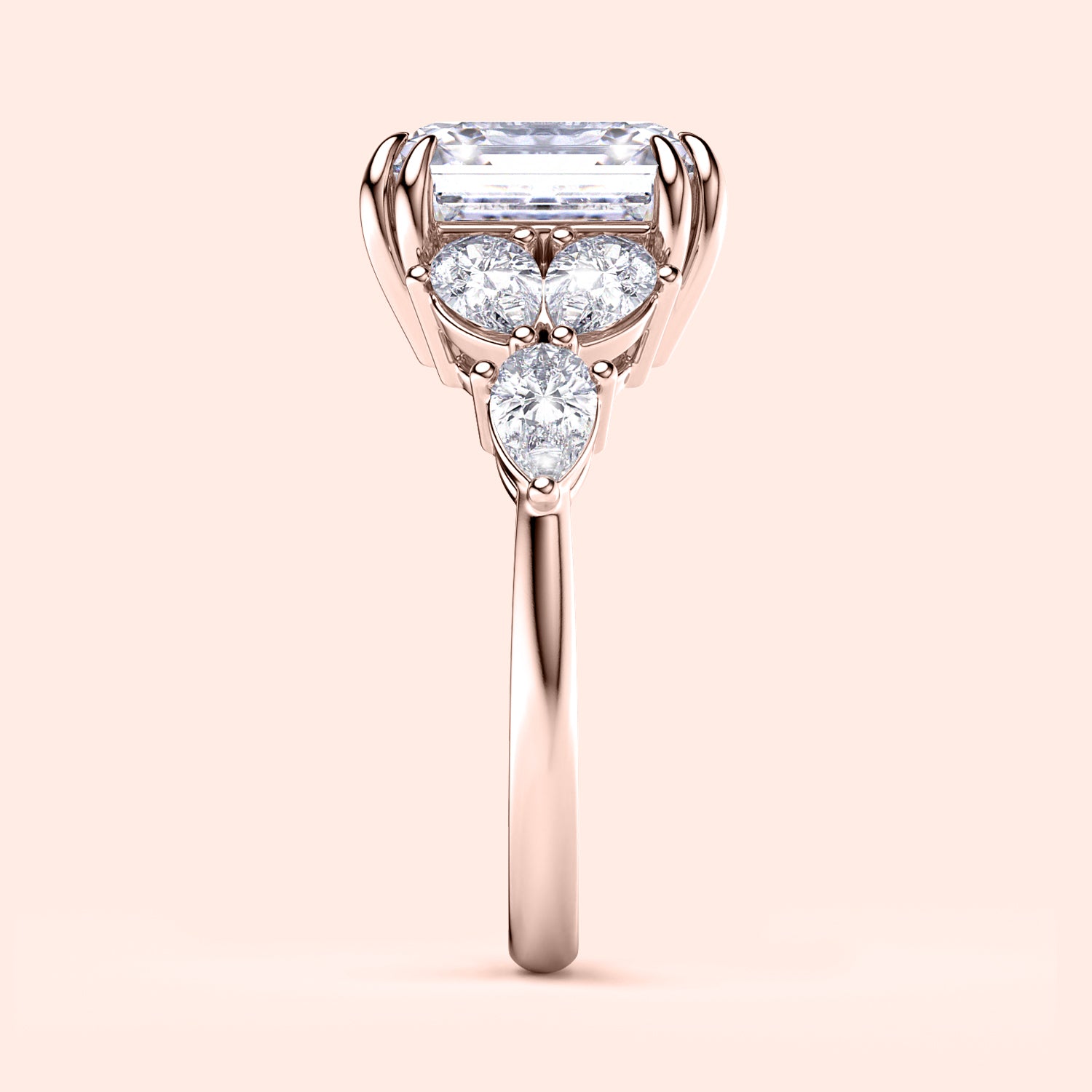 "Elegant 14K rose gold engagement ring with asscher and pear-cut diamonds, featuring exquisite side stones, perfect for timeless love."|







#14KRecycledRoseGold
#18KRecycledRoseGold



