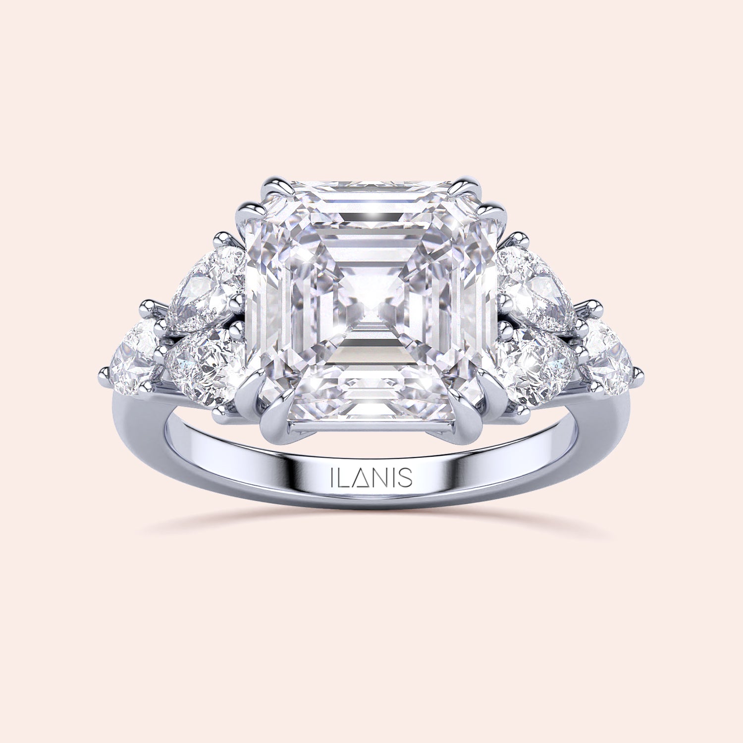 Stunning 14K white gold engagement ring with Asscher-cut diamond center and side pear-shaped diamonds, showcasing luxury and elegance.|

#14KRecycledWhiteGold
#18KRecycledWhiteGold








#Platinum