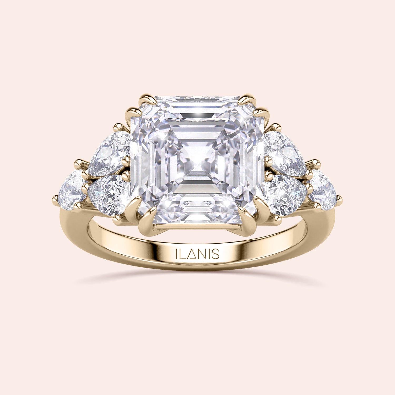"Elegant yellow gold Asscher cut engagement ring with side stones, available in 14K, 18K, or platinum by Ilanis."|




#14KRecycledYellowGold
#18KRecycledYellowGold





