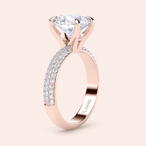 "Beautiful rose gold engagement ring with a stunning round three-rowPave setting, available in 14K, 18K, or platinum."
