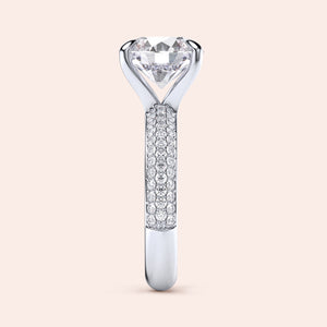 Elegant 14K/18K white gold engagement ring featuring round three-row pave diamonds, showcased on a simple background.