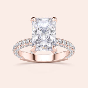 Radiant-cut diamond engagement ring in 14K rose gold with a fullPave band, showcasing elegance and timeless beauty.