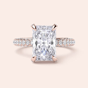 Radiant cut diamond engagement ring in 14K rose gold with pave band, perfect for timeless elegance and sparkle.