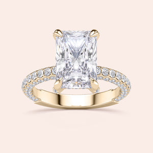 Radiant diamond engagement ring in 14K or 18K yellow gold, featuring a stunning center stone andPave diamond band, shown on model.