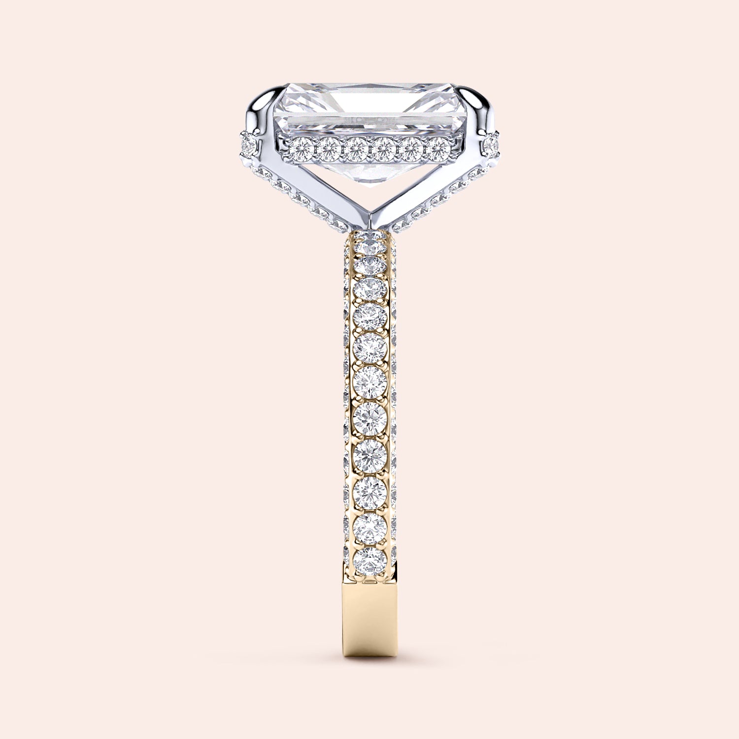 Two-tone 14K white and yellow gold emerald-cut diamond engagement ring with radiant hidden halo and 3D pave design. |
#14KRecycledYellow/WhiteGold
#18KRecycledYellow/WhiteGold 