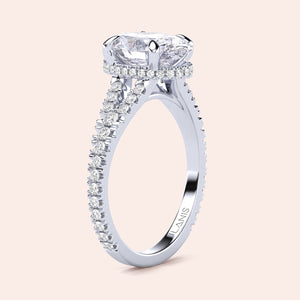 14K white gold engagement ring with oval diamond center, halo of smaller diamonds, and adorned band, shown unmodeled.