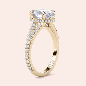 Elegant 14K or 18K gold engagement ring with an oval diamond centerpiece and a halo of smaller diamonds for a stunning look.