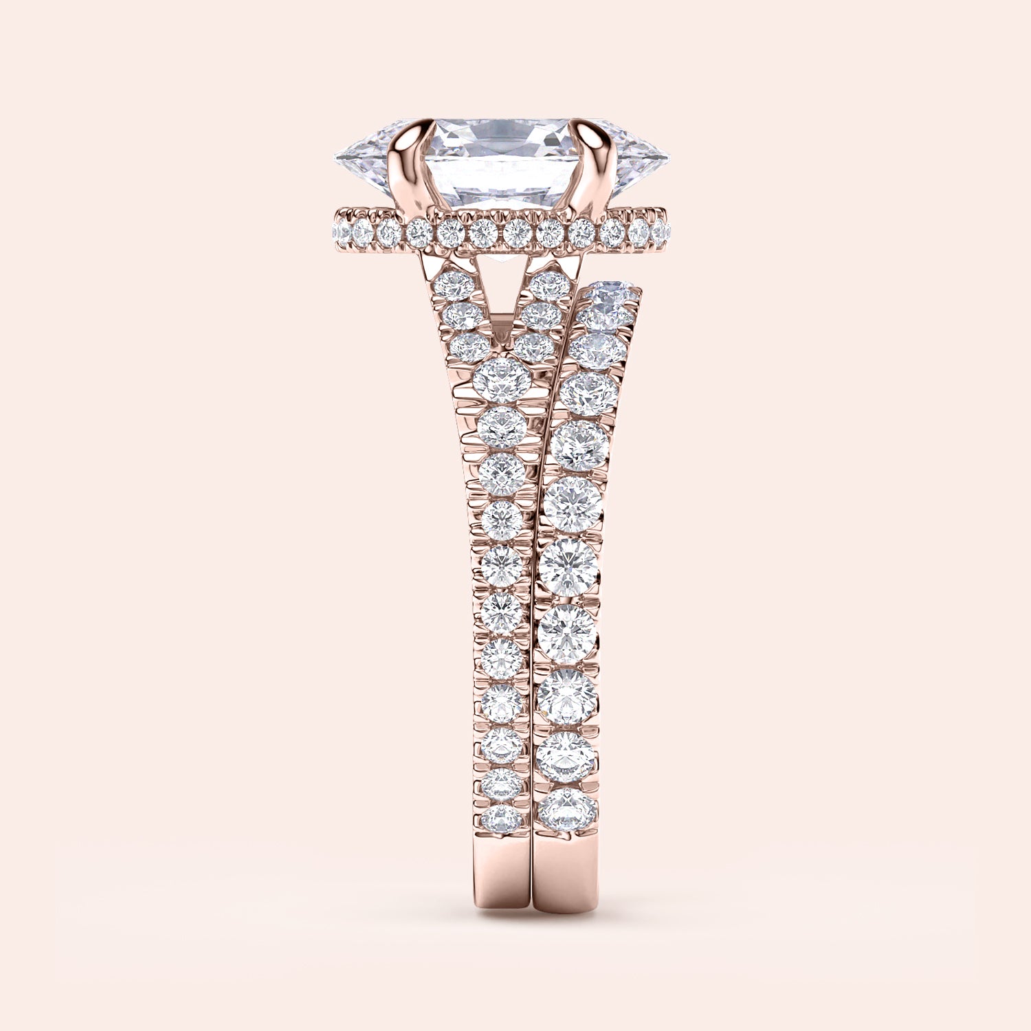 "Elegant 14K rose gold double band engagement ring with marquise-cut diamond and round brilliant accents."|







#14KRecycledRoseGold
#18KRecycledRoseGold


