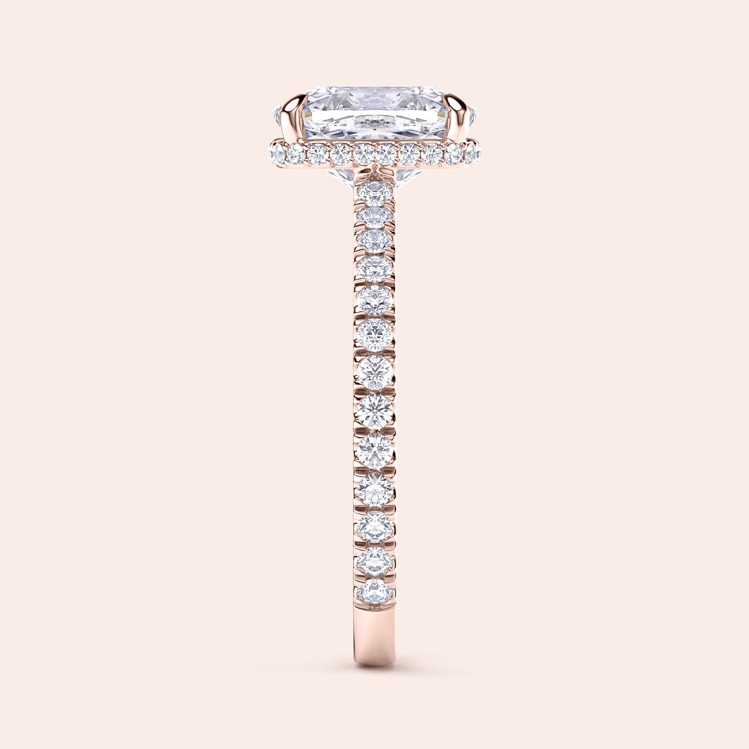 Elegant 14K rose gold engagement ring with an oval diamond, halo, and diamond-studded band, ideal for a timeless proposal.|







#14KRecycledRoseGold
#18KRecycledRoseGold


