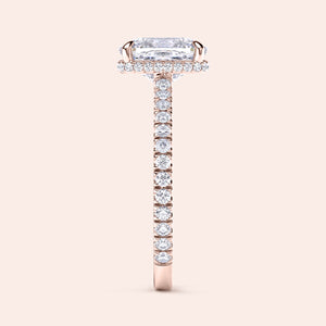 Elegant 14K rose gold engagement ring with an oval diamond, halo, and diamond-studded band, ideal for a timeless proposal.