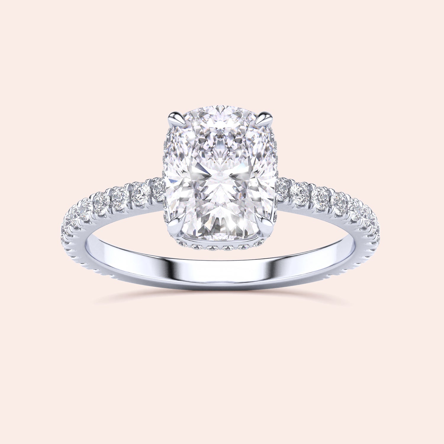 14K/18K/Platinum engagement ring featuring a cushion-cut diamond center stone and diamond-accented band on a neutral background.|

#14KRecycledWhiteGold
#18KRecycledWhiteGold








#Platinum