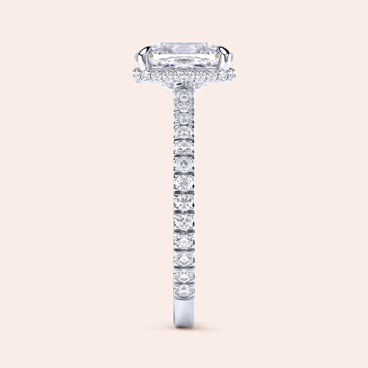 Elegant 14K white gold engagement ring with a radiant-cut diamond and sparkling round diamonds, perfect for your special moment.|

#14KRecycledWhiteGold
#18KRecycledWhiteGold








#Platinum