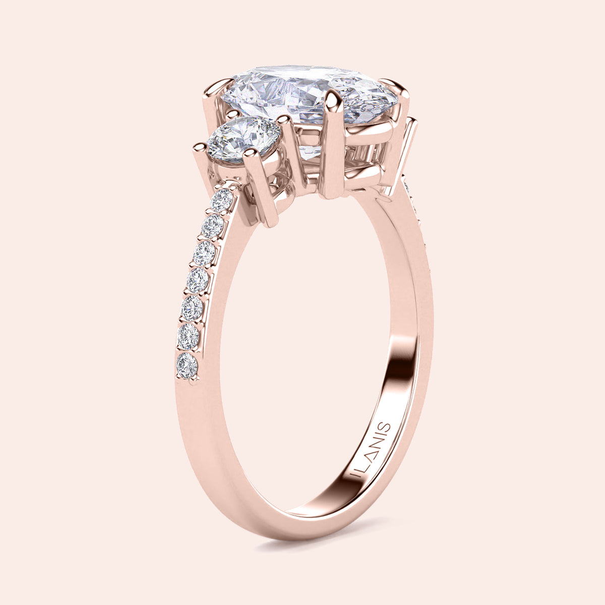 Elegant rose gold engagement ring with oval diamond and round accent stones, available in 14K, 18K, and platinum.