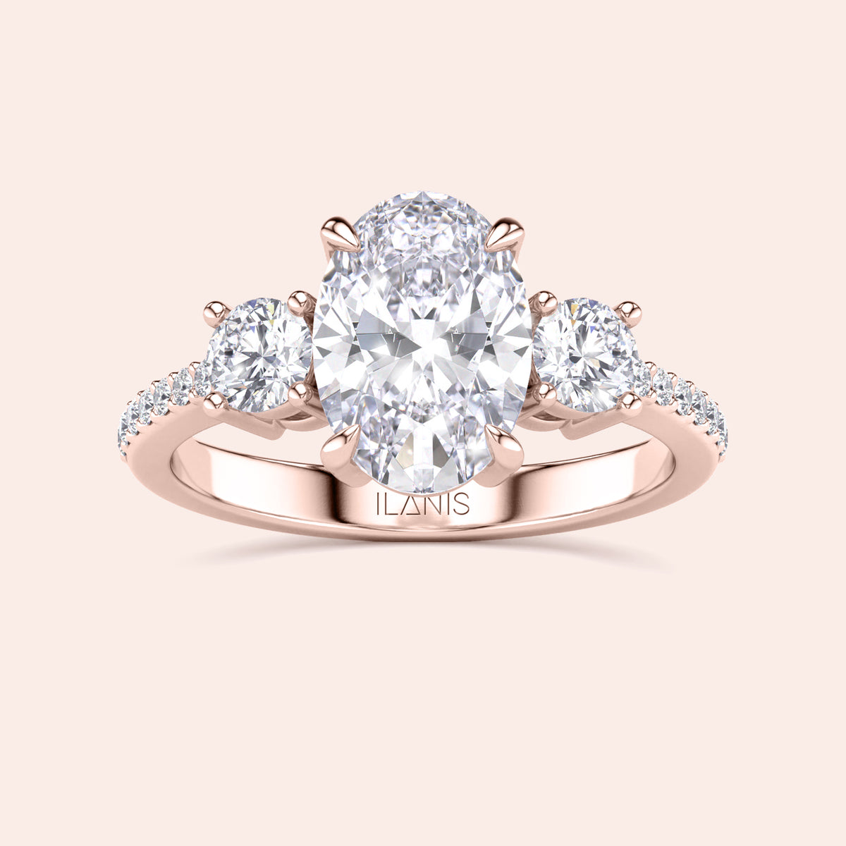 Elegant oval-shaped diamond engagement ring with side stones in rose gold, available in 14K, 18K, or platinum. Exquisite fine jewelry.