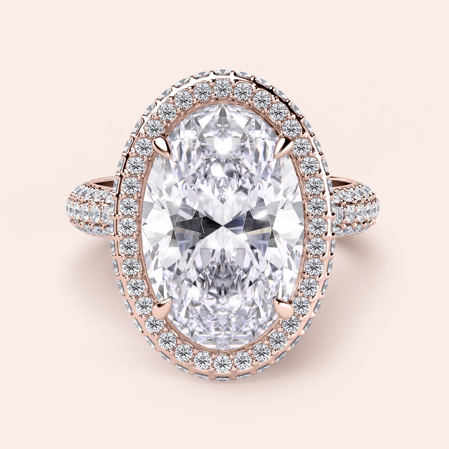 Stunning 14K or 18K rose gold oval-cut diamond halo engagement ring with pave-set diamonds for a timeless elegance.|







#14KRecycledRoseGold
#18KRecycledRoseGold


