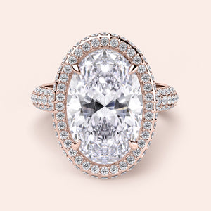 Stunning 14K or 18K rose gold oval-cut diamond halo engagement ring with pave-set diamonds for a timeless elegance.
