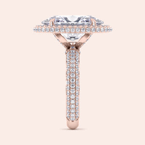 Rose gold engagement ring in 14K or 18K featuring an emerald-cut diamond andPave-set diamonds on the band.