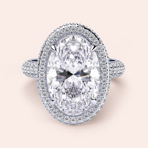 Elegant 14K or 18K Platinum Oval Halo Engagement Ring with Diamond Pave, showcasing luxury and exceptional craftsmanship.