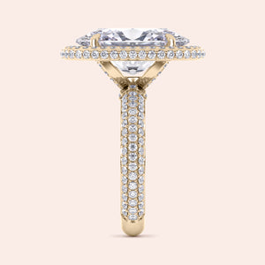 "Elegant yellow gold engagement ring with diamond halo and pave band, available in 14K and 18K gold or platinum."