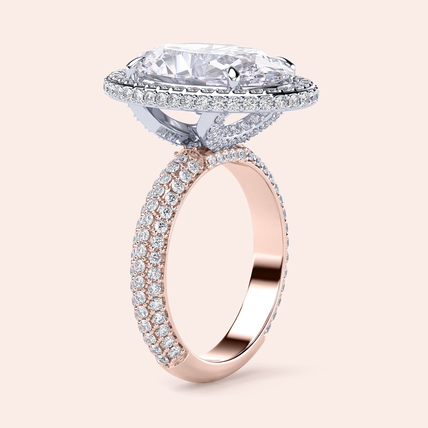 Two-tone 14K white and rose gold oval diamond engagement ring with halo design and pave detailing. Perfect for love! | 
#14KRecycledRose/WhiteGold
#18KRecycledRose/WhiteGold