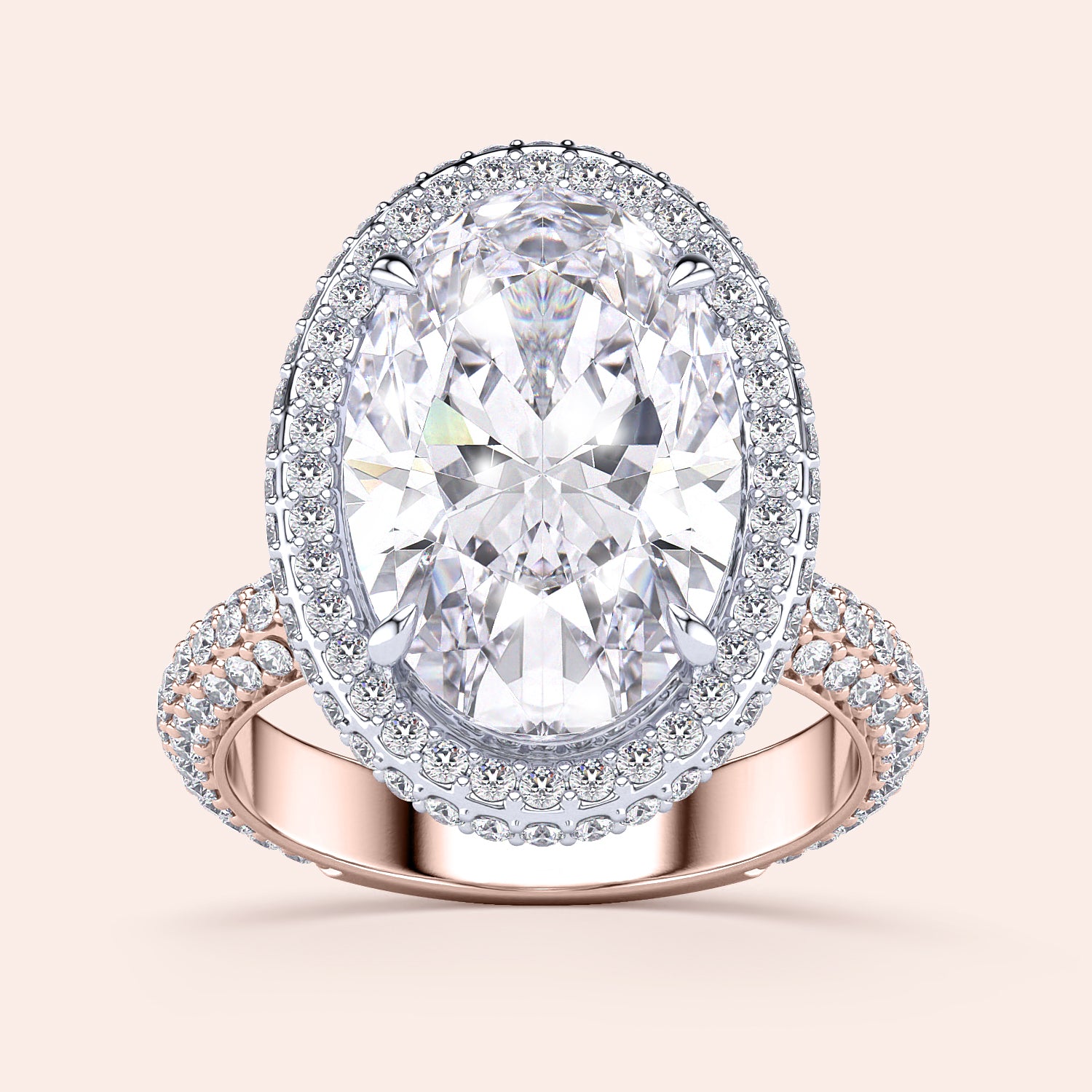 Two-tone oval diamond ring in 14K/18K white and rose gold, featuring a double-edge halo design, perfect for engagements. |
#14KRecycledRose/WhiteGold
#18KRecycledRose/WhiteGold
