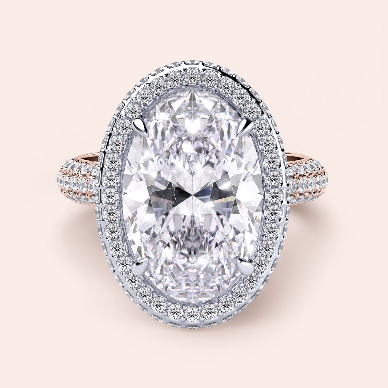 Two-tone 14K/18K white and rose gold oval cut diamond engagement ring with double-edge halo design and pave detail. |
#14KRecycledRose/WhiteGold
#18KRecycledRose/WhiteGold