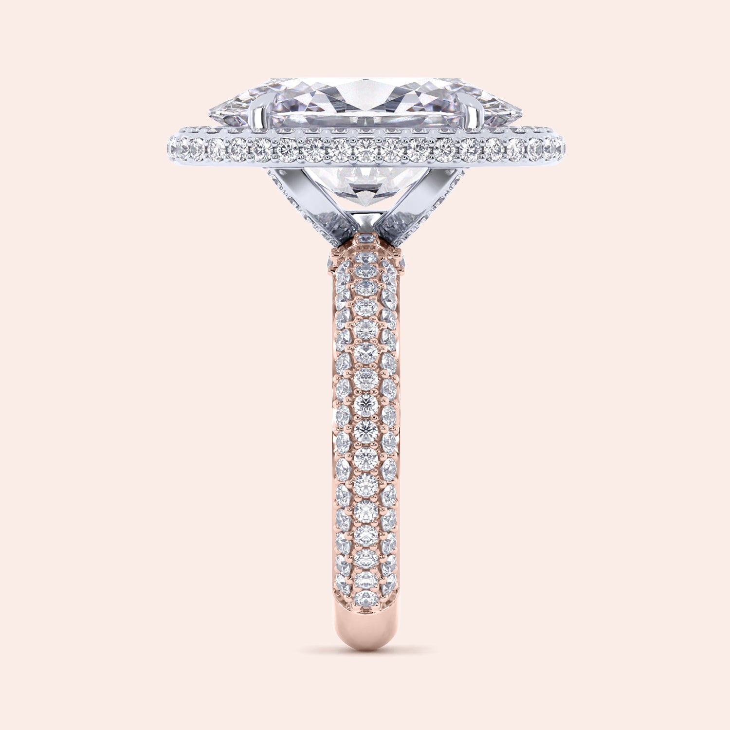Two-tone 14K/18K white and rose gold oval halo diamond engagement ring with 3D pave design. |
#14KRecycledRose/WhiteGold
#18KRecycledRose/WhiteGold