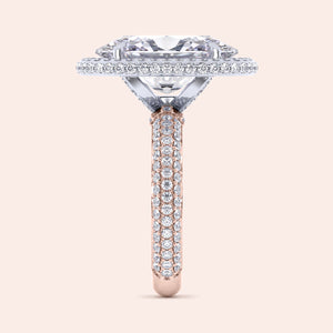 Two-tone 14K/18K white and rose gold oval halo diamond engagement ring with 3D pave design. 