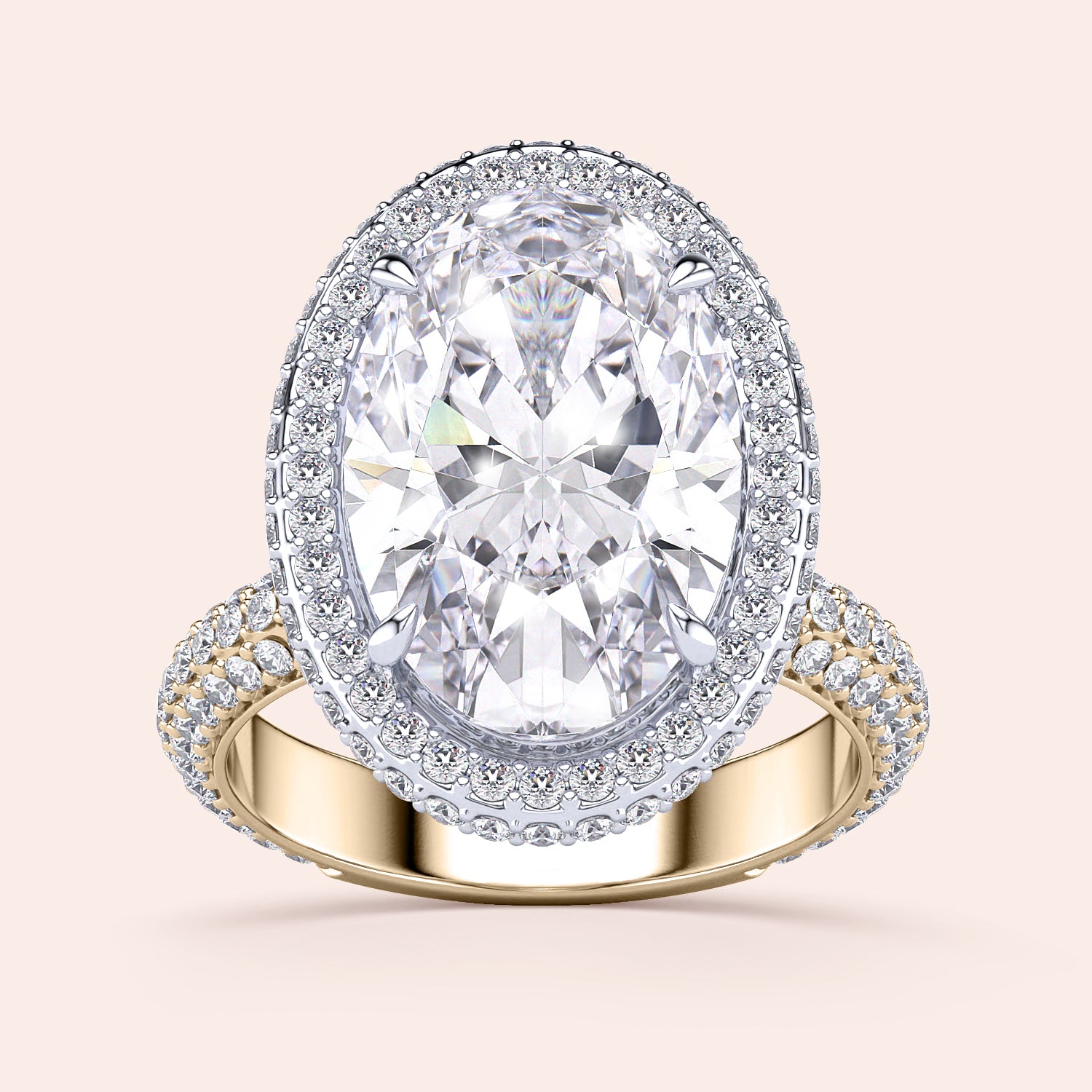Two-tone 14K/18K white and yellow gold oval diamond ring with double edge halo, perfect for engagement. |
#14KRecycledYellow/WhiteGold
#18KRecycledYellow/WhiteGold 