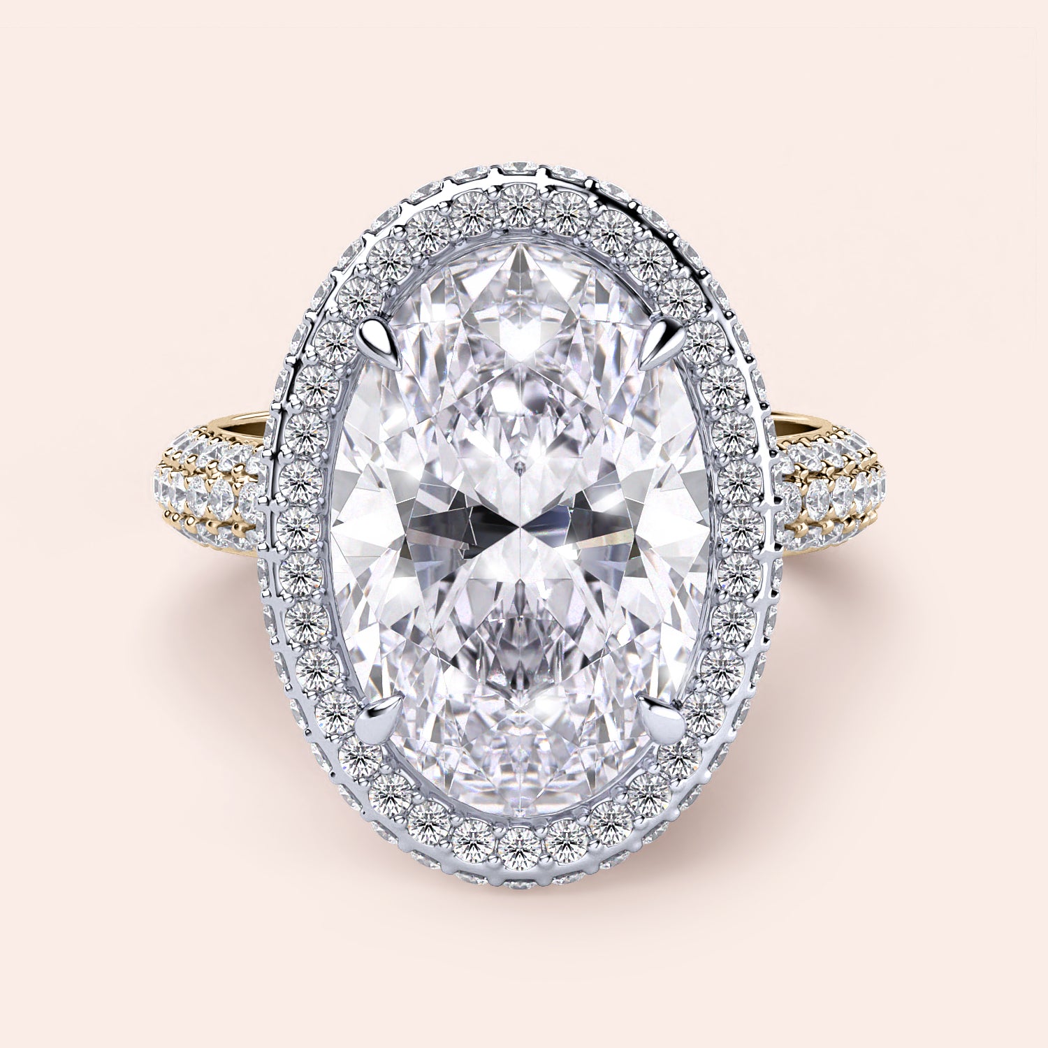 Two-tone 14K white and yellow gold oval diamond engagement ring with double-edge halo and 3D pave detail. |
#14KRecycledYellow/WhiteGold
#18KRecycledYellow/WhiteGold 