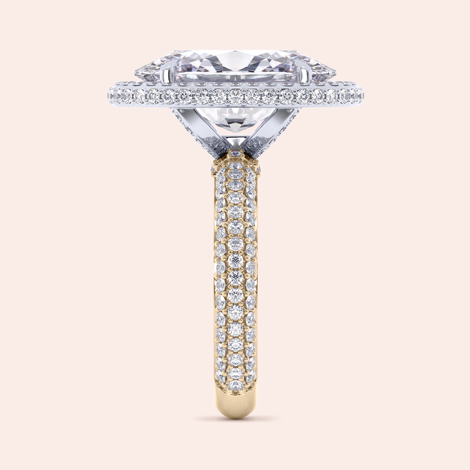 Two-tone 14K white and yellow gold oval double-edge halo engagement ring featuring 3D pave diamond design. |
#14KRecycledYellow/WhiteGold
#18KRecycledYellow/WhiteGold 