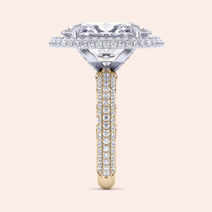 Two-tone 14K white and yellow gold oval double-edge halo engagement ring featuring 3D pave diamond design. 