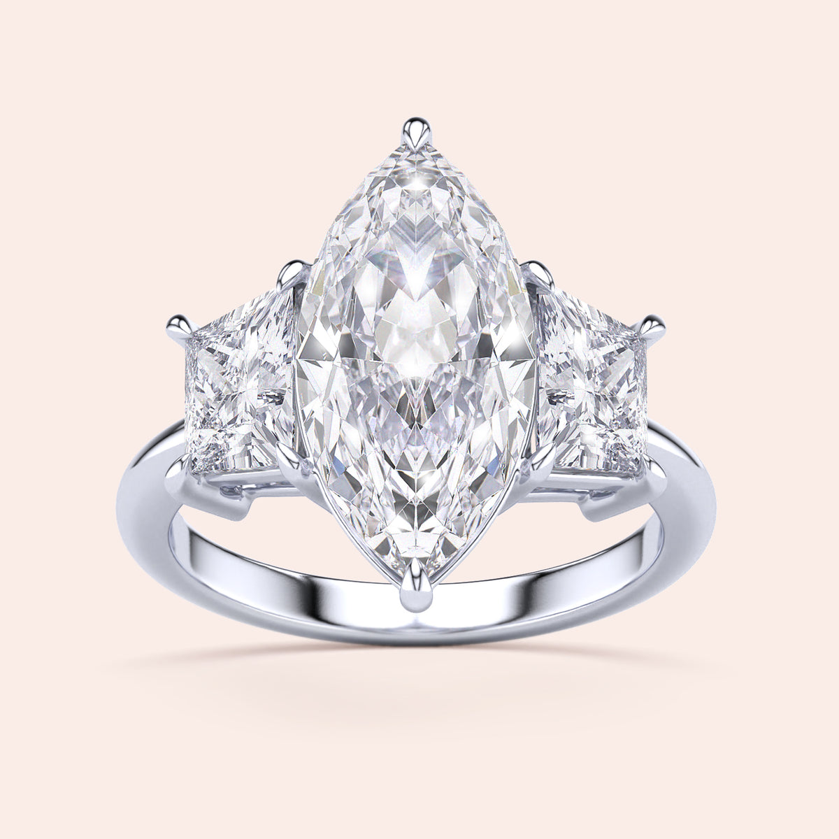Elegant marquise cut diamond engagement ring with side diamonds in 14K/18K gold or platinum, shining brilliantly against light.