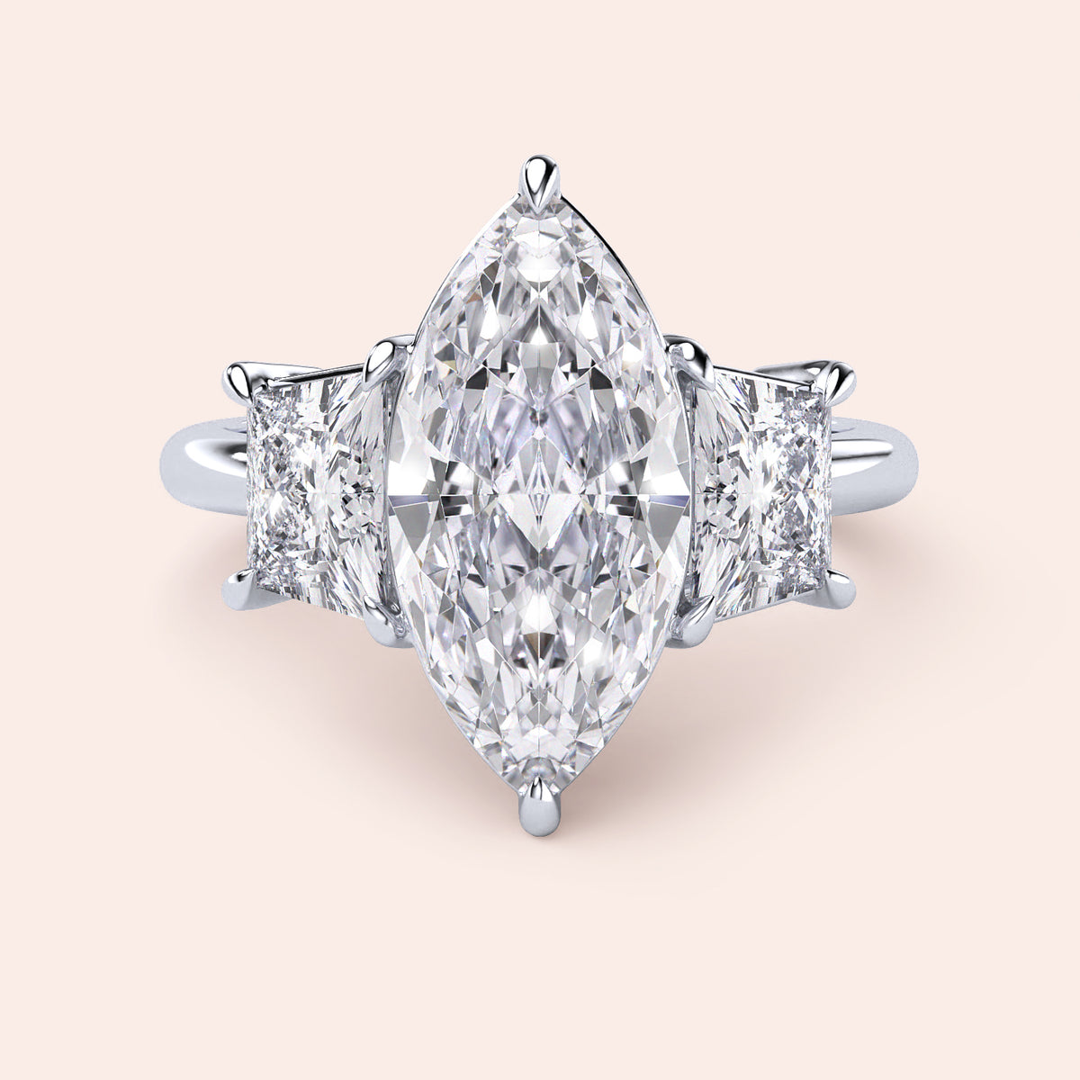 Elegant platinum three-stone engagement ring featuring a marquise-cut diamond and princess-cut side diamonds.
