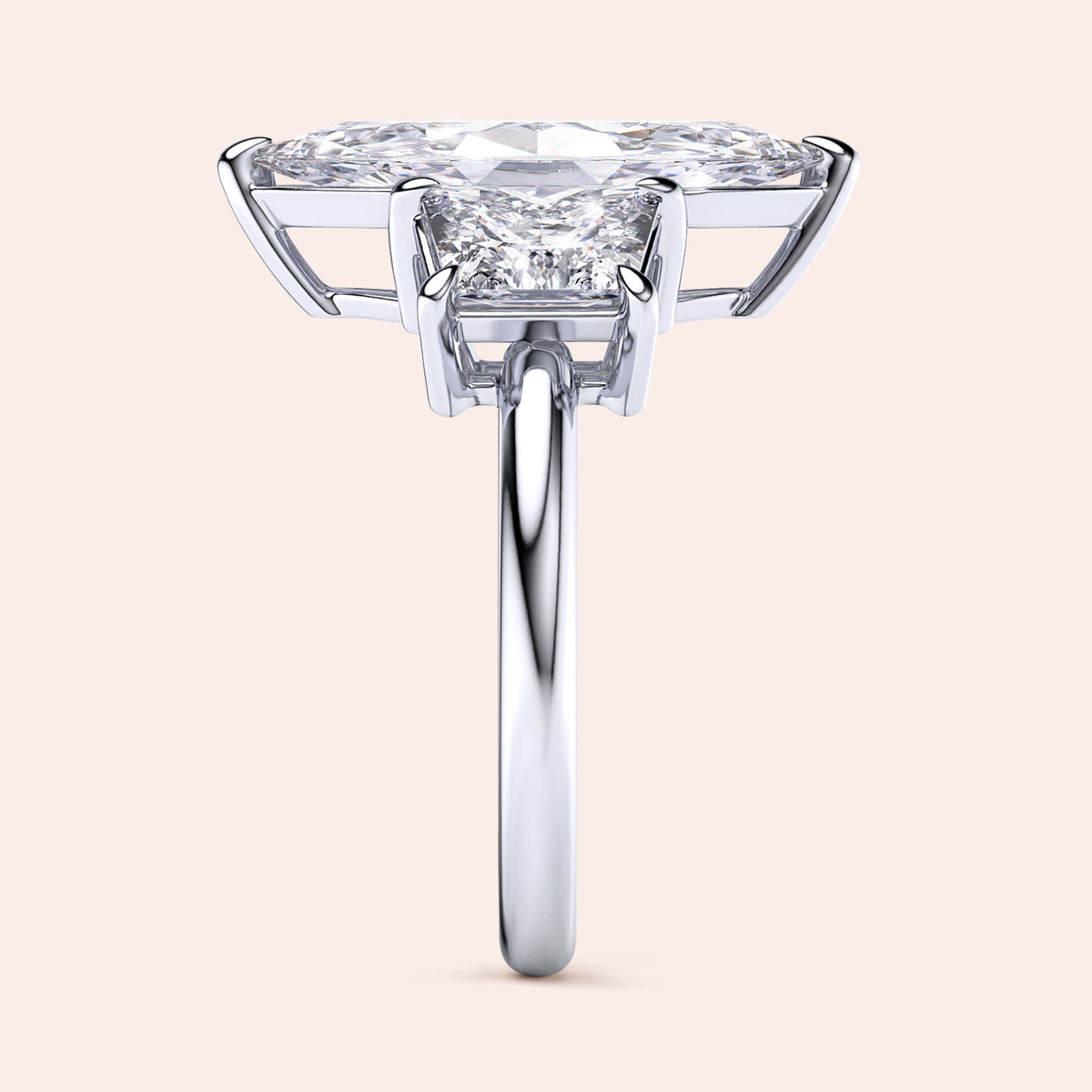 "Elegant 14K white gold engagement ring featuring a marquise-cut jade and three trapezoid stones in a stunning design."