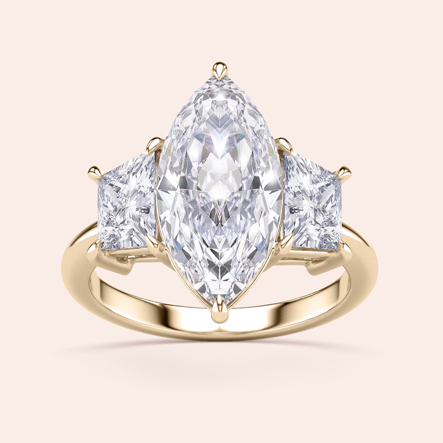 Elegant 14K/18K gold engagement ring featuring a marquise-cut jade centerpiece and two trillion-cut diamonds, perfect for special moments.|




#14KRecycledYellowGold
#18KRecycledYellowGold






